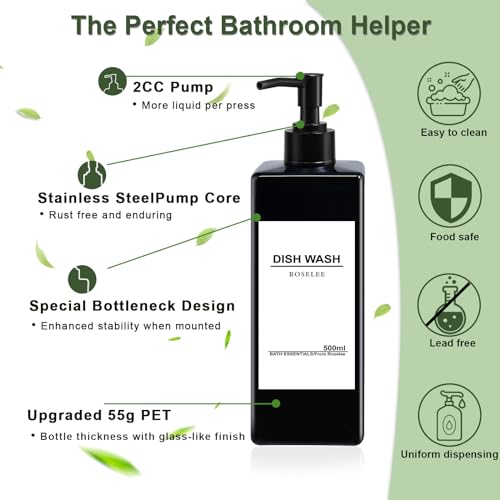 Roselee 4er Seifenspender Schwarz Set, 500ml Seifenspender Dusche Kunststoff Shampoo Flaschen Zum Befüllen mit Trichter und Wasserdichten Etiketten Shampoo Spender für Küche Badezimmer Bad