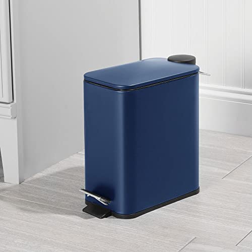 Mdesign Slim Metal Rectangle 1.3 Gallon Trash Can With Step Pedal, Easy-Close Lid, Removable Liner - Narrow Wastebasket Garbage Container Bin For Bathroom, Bedroom, Kitchen, Office - Navy Blue #TOP1