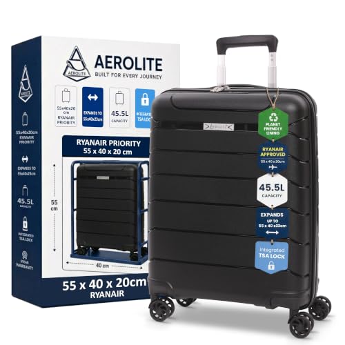 Aerolite Expandable 55x40x20cm to 55x40x23cm Ryanair Priority Wizz Air Priority & More Max Size Lightweight Hard Shell Carry On Hand Cabin Luggage Suitcase 55x40x20 55x40x23 with 4 Wheels (Black)