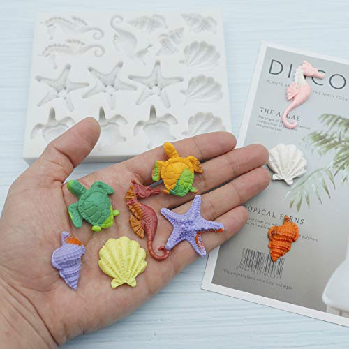 Image of Sakolla Marine Theme Fondant Silicone Molds, Seashell, Conch, Seahorse, Starfish, Tortoise Silicone Mold for Cake Decoration, Chocolate Candy Sugar Craft