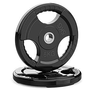 PhysKcal 1-Inch Olympic Weight Plates with Rubber Finish Opening and Tri-Grips, 1” Black Barbell Plates Discs for Lifting and Strength Training, Solid Cast Iron Core Weights Set, 1.25kg – 20kg