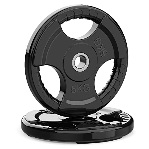 PhysKcal 1-Inch Olympic Weight Plates with Rubber Finish Opening and Tri-Grips, 1'' Black Barbell Plates Discs for Lifting and Strength Training, Solid Cast Iron Core Weights Set, 1.25kg - 20kg