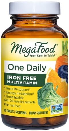 MegaFood One Daily Iron Free Multivitamin - Multivitamin for Women and Men - with Real Food - Immune Support Supplement - Bone Health - Energy Metabolism - Vegetarian; Non-GMO; No Iron - 60 Tablets