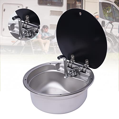 Fetcoi Outdoor Rv Sink + Tempered Glass Lid + Cold&Hot Faucet, Stainless Steel Rv Caravan Camper Kitchen Sink Basin Boat Sink Caravan Van Sink #TOP1