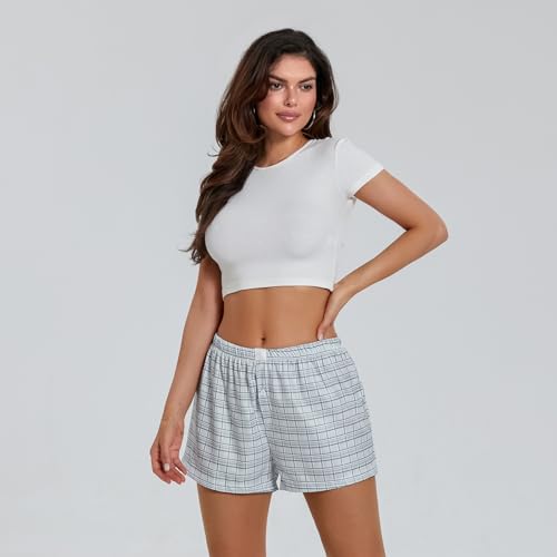 NUFIWI Women Y2k Pajamas Shorts Gingham Cute Pj Short Pants Plaid Lounge Shorts Sleep Bottoms Elastic Boxers Streetwear(Dark Grey,L)