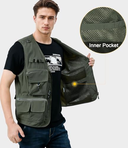 KTWOLEN Herren Anglerweste Sommer Leicht Schnelltrockenweste Funktionsweste Outdoor Fotografie Hundesport Weste Ärmellos Safari Weste mit Viele Taschen, Grün, 3XL