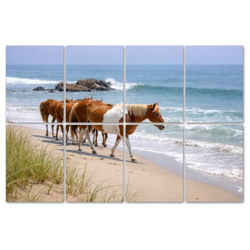 8 Pack Art Acoustic Panels Sound Absorbing Wild Horses Beach Assateague Island ponys Pictures Decorative Soundproof Wall Panels Self Adhesive for Home Recording Studios 48'x32'