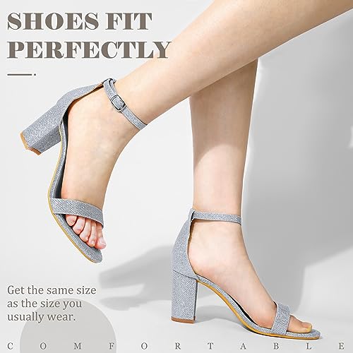 Image of Ankis Silver Heels for Women Chunky - Open Toe Glitter Heels for Women Chunky Pump Sandals Party Wedding Block Heels Standard Size 2.75 Inches Tall Thick Heel (Silver Glitter, numeric 8.5)