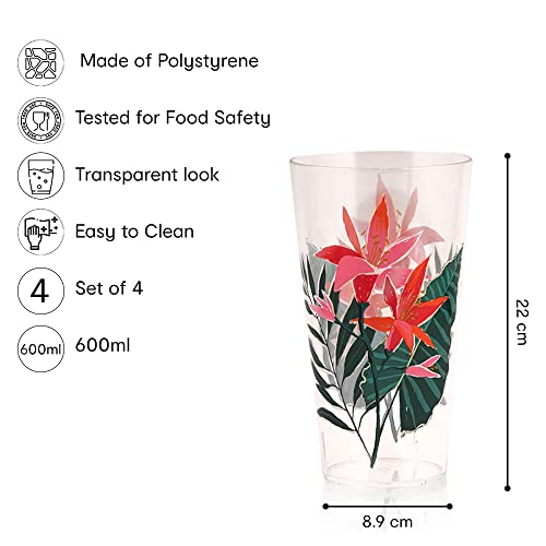 Image of Anko Floral Glasses - Set of 4 | Designer tumblers for Wine, Water, Whisky, Juice, Mocktails, Cocktails | Food Grade Bar Accessory for Home, Restaurants & Parties | Microwave Safe | 600mL Each