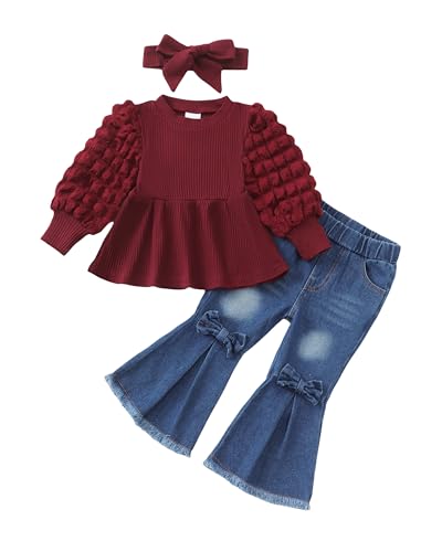 Renotemy Infant Baby Girl Clothes 12-18 Months Fall Winter Outfit for 1 Year Old Girl Gifts Puff Bubble Sleeve Knit Peplum Sweatshirt Flared Bell Bottom Jeans Matching Outfits Clothing Set Maroon Red