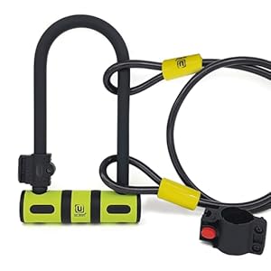 Urban Security UR80150B Fietsslot U-slot 80×190 gehard, Hoge Beveiliging met flexibele Staalkabel 120cm + Montagehouder voor Fiets, Scooter,U-slot: 80×190 mm / Kabel: 120 cm,Zwart / geel