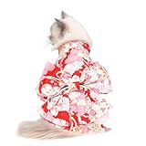 浴衣 犬用 猫用 ペット用 和柄 ドッグウェア 晴れ着 花柄 蝶結び付け 着物 お正月 小型犬 中型犬 花火大会 記念撮影 おしゃれ (レッド, S)