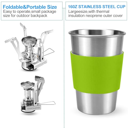 Image of Odoland Camping Cookware Stove Carabiner Canister Stand Tripod and Stainless Steel Cup, Tank Bracket, Fork Spoon Kit for Backpacking, Outdoor Camping Hiking and Picnic