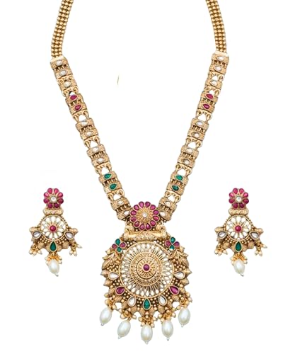 Image of Mansiyaorange South Indian Temple Style Long Pearl Rani Haar with Floral Necklace & Earrings | Traditional Gold Plated Kempu Kundan Stone Jewelry Set for Women