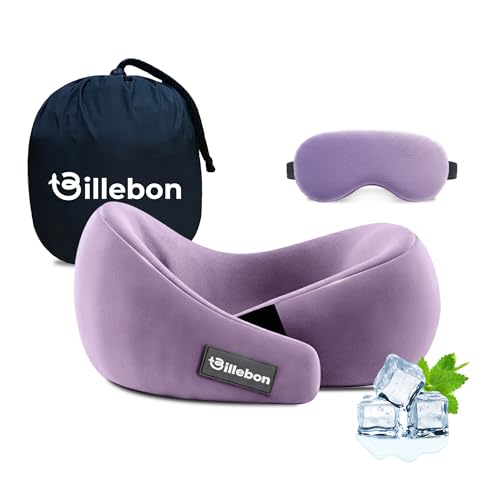 Image of Billebon Gel Infused Memory Foam Neck Pillow, Travel Pillow with Adjustable Velcro Straps, Neck Pillow for Travelling & Flight Travel, Ergonomic Support for Comfort & Pain Relief(Lavender Combo)