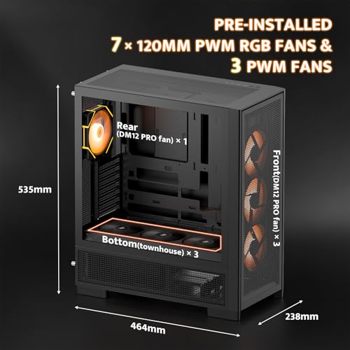 Image of darkFlash AIR NOVA Full Tower E-ATX PC Case, Six-Sided Ventilated Gaming Case, Up to 420mm Radiator, Vertical GPU Mount, Back Connect, Type C, High Airflow, 7 x PWM ARGB Fans Included (Black)