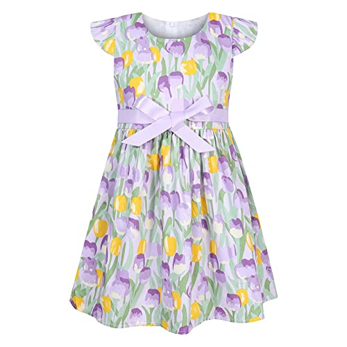 SMILING PINKER Baby Toddler Girls Summer Tulip Flower Dress Cotton Flutter Sleeve with Ribbon Belt