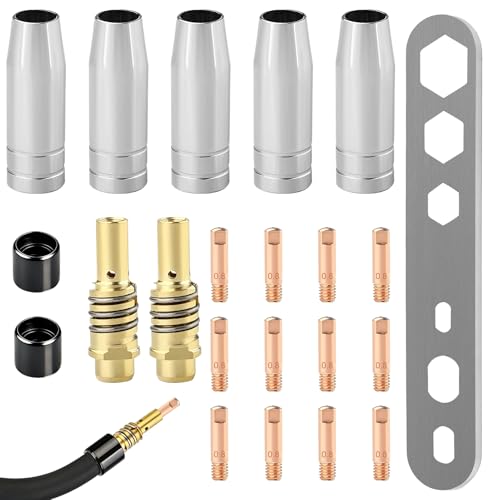 22 Piezas Accesorios MIG MAG MB15AK, Soldadura Consumibles Máquina de Soldadura Punta Contacto Tip Antorcha M6 0,8 mm Soporte de Boquilla Aislador Llave para Antorcha Consumibles