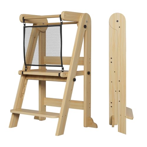 Image of ROOMTEC Foldable Toddler Kitchen Tower, 3 Adjustable Height Wooden Step Stool, Toddler Standing Tower with Safety Net (Natural Wood)