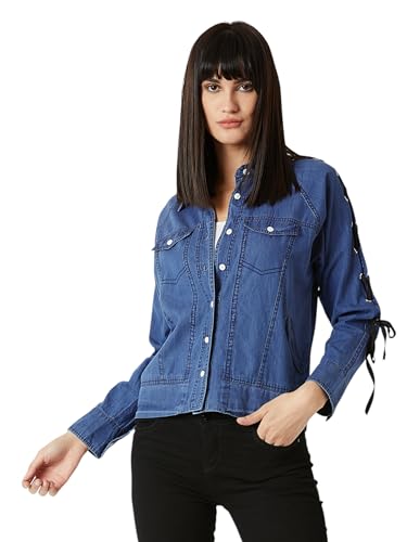 Image of Miss Chase Women's Polo Neck Full Sleeves Patch Pocket Denim Overcoat Knee-Length Jacket