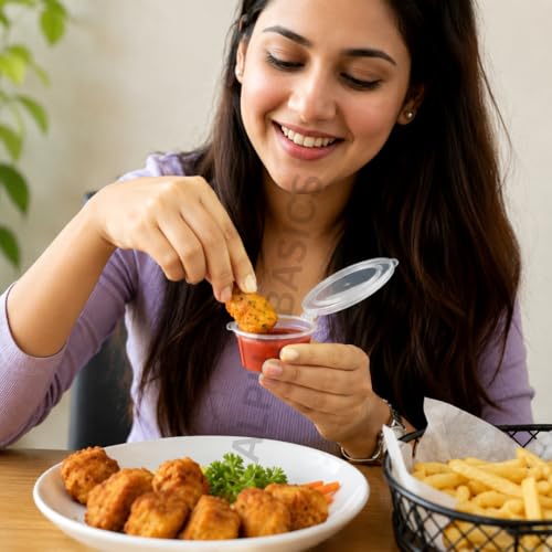 Image of Alpha Basics 50ml Mini Plastic Containers with Attached Lid (Pack of 100) Transparent Small Sauce Dip Chutney Containers