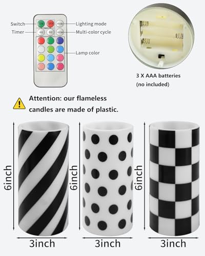 Image of 3 Pcs Checked Black and White Candles with Timer Remote | Battery Operated Pillar Flameless Candle for Birthday Gifts Holiday Decor Home Party Festival