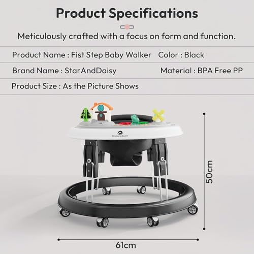 Image of StarAndDaisy Walker for Kids 6 to 24 Months /Baby Walker Boys & Girls with 360 Rotational Wheels, Toy tray & Padded Seat /Foldable Walker for Kids for 1 Year with Adjustable Height (Black With toy tray)