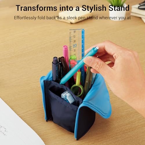 Image of KOKUYO Pencil Case Pouch, Neo Critz Standing Pen Pouch Bag, Foldable Stand up Pencil Holder Organizer, Small Portable Pencil Box for School Office Supplies, Navy x Light Blue, Large Size (F-VBF181-2)
