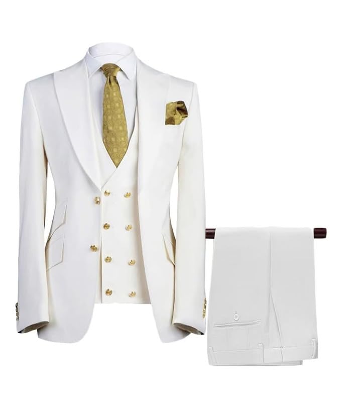Men's Suits Slim Fit 3 Piece Suits for Men Double Breasted Suit Gold Button Blazer Wedding Suits Jacket Vest & Pants Set