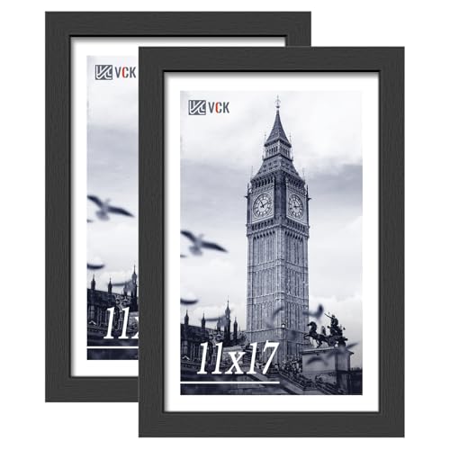Image of VCK 11x17 Picture Frames - Black, Wide Border Solid Wood Frame, Display Posters in Horizontal and Vertical, for Home, Office, Gallery, Woodgrain Series, Wall Hanging, 2 Pack