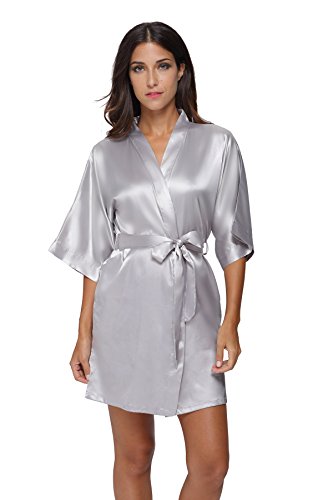 The Bund womens Pure Colour Short Kimono Robes with Oblique V-Neck Grey Small