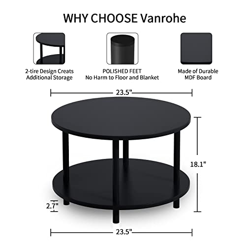 Vanrohe Small Round Coffee Table With Open Storage For Small Space, 23.5" Black 2-Tier Wooden Center Table For Living Room, Metal Legs, Easy To Assemble #TOP2