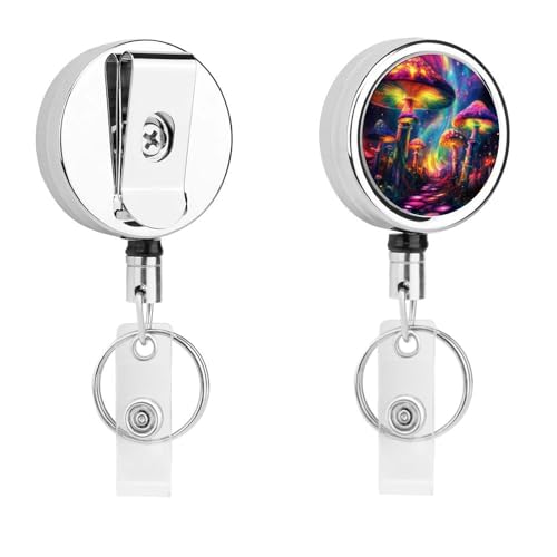 Tie Dye Mushroom Print Retractable Badge Holder Metal ID Name Holder Key Ring with Belt Clip