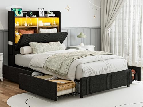 IKIFLY Twin XL Bed Frames with Hidden Storage Headboard & 4 Drawers, 49.2” Tall Upholstered Wingback Headboard with LED Lights and Charging Station, No Box Spring Needed, Solid Wood Slats, Black