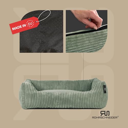 Rohrschneider Hundebett | für kleine Hunde | mit Hundekissen Cord | waschbarer Bezug | inkl. Futternapf (Salbei, 55 x 42 cm)