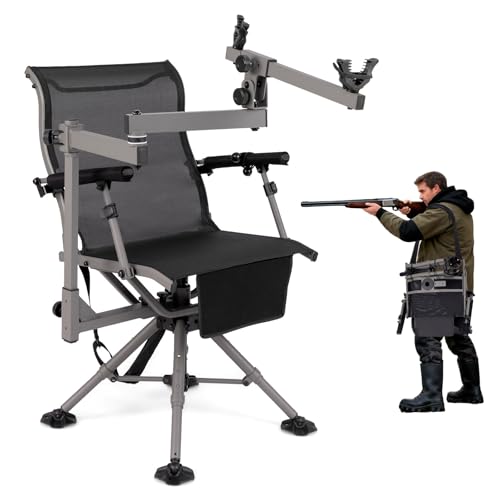GYMAX Hunting Chair with Gun Rest, 360° Swivel Hunting Blind Chair w/Adjustable Height & Armrest, All-Terrain Duck Feet, Shoulder Strap, 330 LBS Folding Outdoor Ground Blind Seat (Rotating Gun Rest)