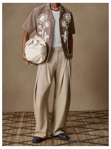 OYOANGLE Men's Pleated Dress Pants Zipper Fly Work Office Slacks Straight Leg Trousers with Pocket4