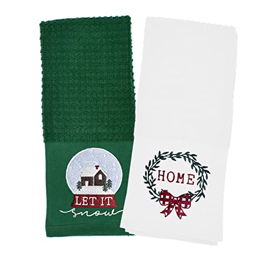 Dan River Embroidered Kitchen Towels Set (16X26” White & Green 2-Pcs) Soft Absorbent 100% Cotton Tea Decorative Dishtowel Set For Cleaning, Bar, Party, Gifts, And Home Purpose #TOP6