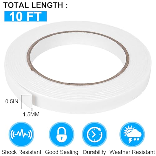 Image of ToLanbbt Double Sided Foam Tape 0.5In x 10FT, Mounting Tape Heavy Duty, Strong Adhesive Weatherproof Seal Strips for DIY Craft Picture Poster, Car & Gap Filling Mountings, Home Office Decor (White)