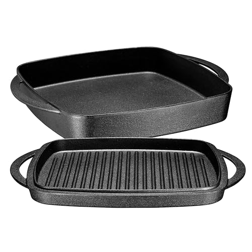 Bruntmor 2-in-1 Pre-Seasoned Cast Iron Dutch Oven with Grill Pan Lid and Handles - 11 Inch Non Stick Square Cast Iron Skillets for Braising, Grilling, and Frying - Heat-Resistant to Oven and Stovetop