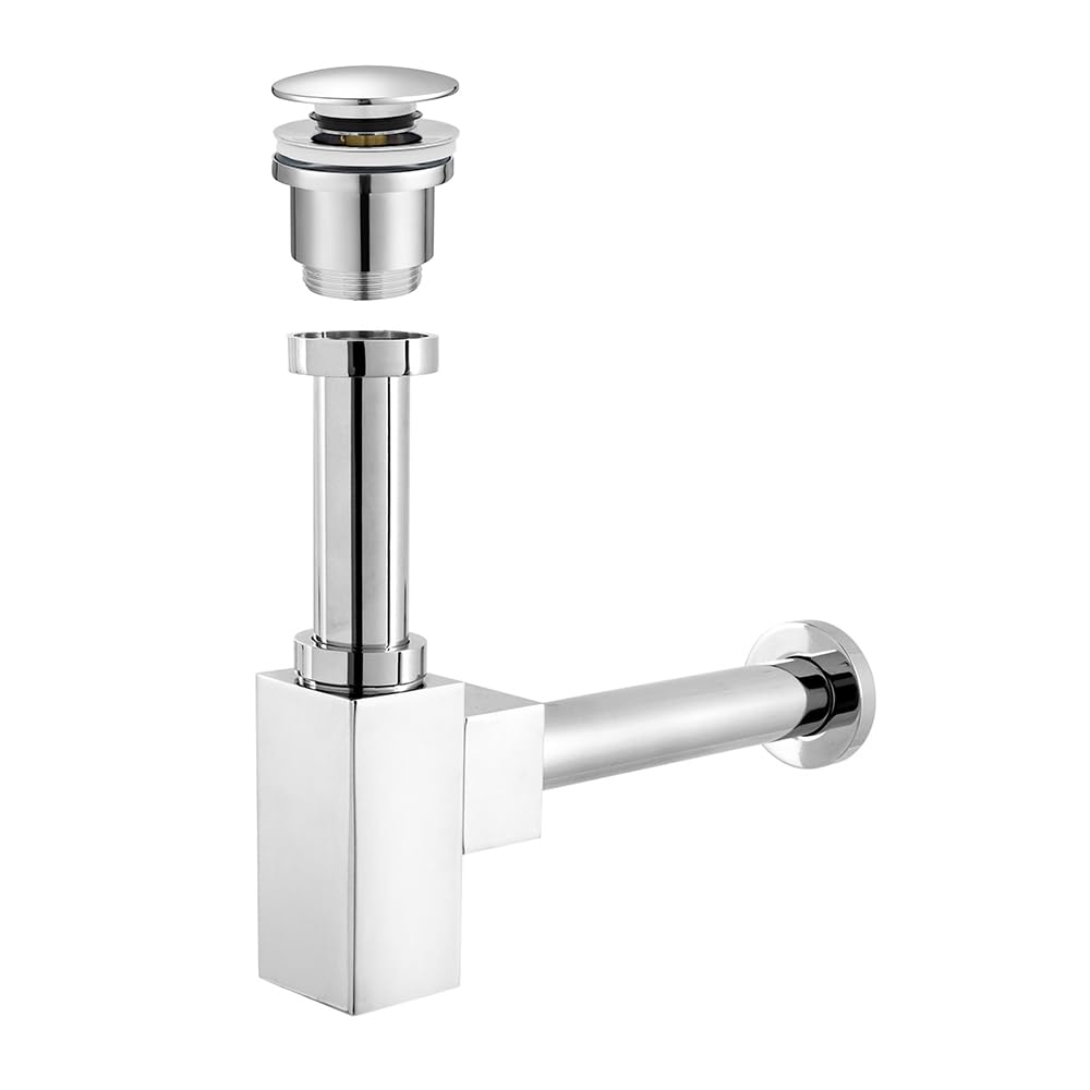 Inbagno Sifone lavabo Bagno Cromato, Completo di piletta Click clack Universale, Attacco Universale (Quadrato)