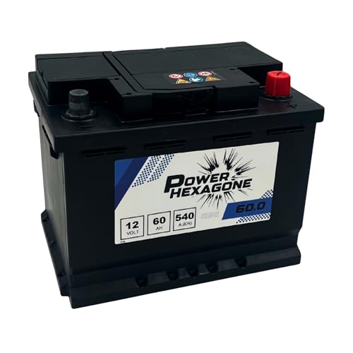 Batterie Voiture 12V 60Ah L2 - Démarrage 540A - Qualité équivalente Origine - Batterie Auto Sans Entretien - Prête à l’emploi - Compatible Engins et Véhicules légers - Power Hexagone