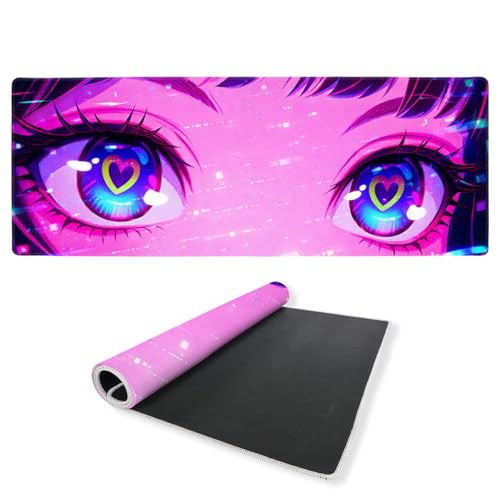 Anime Girl Desk Mat 35.4 x 15.7 Inches Kawaii Heart Eyes Neon Gaming Mouse Pad with Non-Slip Rubber Base, Smooth Cloth Surface Desk Keyboard Mat for Computer, PC, Laptop, Desktop