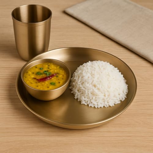 Image of Pure Kansa Dinner Set 4 Pieces | Bronze Thali Set 8 Inch Plate, 1 Bowl, 1 Glass, 1 Spoon | Handcrafted Ayurvedic Kansa Utensils | Matte Finish | Gift for Diwali Wedding Housewarming