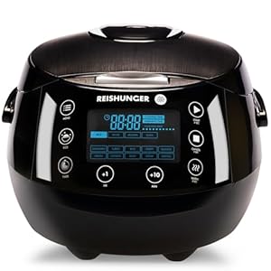 REISHUNGER Digitaler Reiskocher & Dampfgarer Schwarz | 1,5 L bis 8 Personen | Warmhaltefunktion, Timer & Premium Innentopf | Multikocher, 12 Programme, 7-Phasen-Technologie