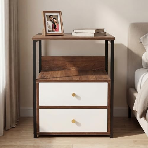 Image of Decor & More Bedside Table with 2 Drawers | Wooden Nightstand for Bedroom with Smooth Sliding Drawers & Open Storage Shelf | Space-Saving Side Table for Living Room | DIY