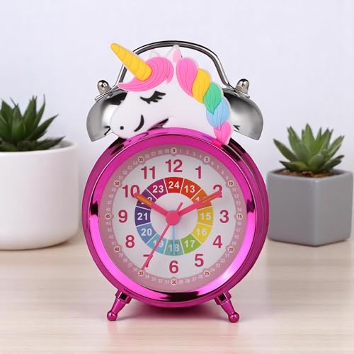 Image of De'rons Twin Bell Analog Table Alarm Clock with Backlight for Heavy Sleepers Alarm Clock for Students Funny Cute Cartoon Unicorn Shape Alarm Clock for Girls Kids Boys Bedroom 12 x 8 cm (Pink)