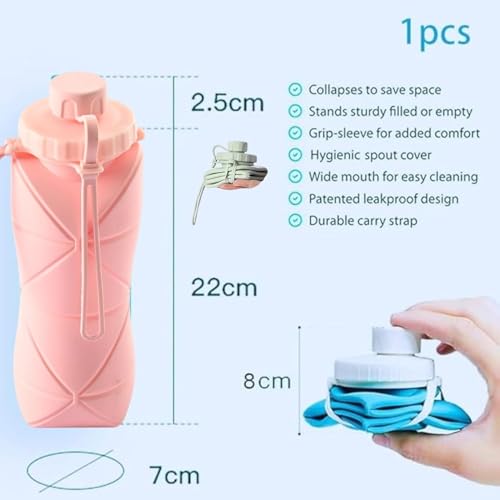 Image of Foldable Water Bottle 600ml - Leakproof Lid, BPA-Free, Lightweight & Portable - Ideal for Travel, Sports, Gym, Camping, Hiking - Wide Mouth, Durable, Pack of 1, Multicolor