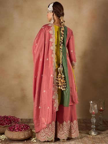 Image of INDA ERA Women's Multi Silk Blend Embroidered A-Line Kurta & Palazzo with Dupatta Set (KH9ML6654)