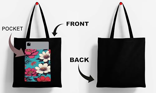 Image of ZORI Black Tote Bag With Pocket Printed Designed Canvas Tote Bags For Women large capacity,Tote bag For Shopping, College, Travel, More Canvas Handbag For Unisex Bag
